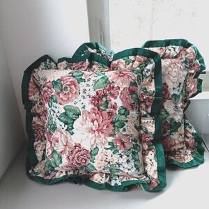 2 VTG Pillows Decorative Cabbage Rose Floral Green Ruffle Cottagecore Grannycore
